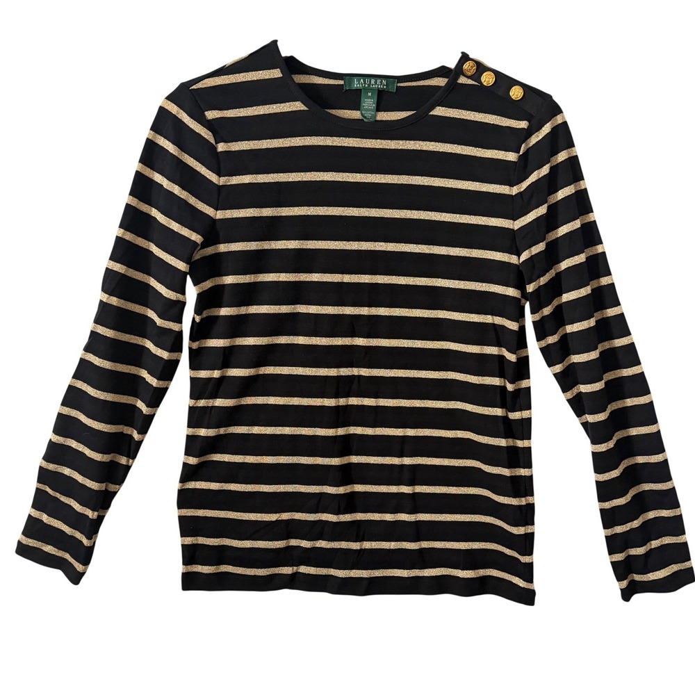 Lauren Ralph Lauren Sz Md Preppy Black Gold Metallic Striped Shoulder Button Top